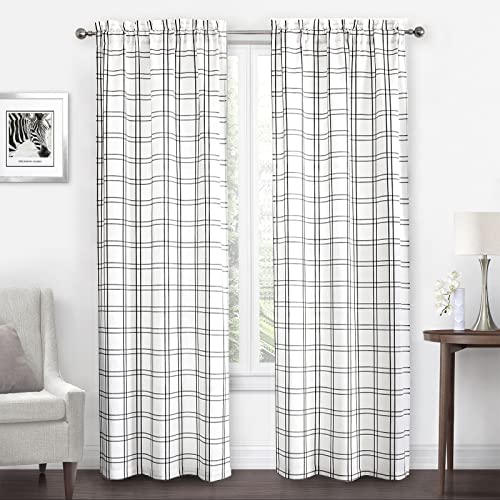 Amzdecor Plaid Window Treatment Set,Light Filtering Curtain Woven Lines Pattern Drapes For Living Room And Bedroom, Semi Sheer Rod Pocket Modern Farmhouse Style 2 Panels 40"X63",Black&White. #TOP1