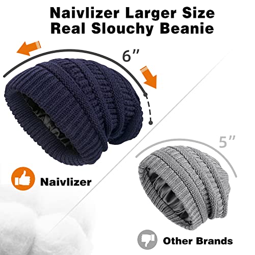 Naivlizer Winter Knit Beanie For Men And Women Satin Lined Slouchy Beanie Cable Thick Chunky Cuff Beanie Hat, Slouchy Army Green #TOP3