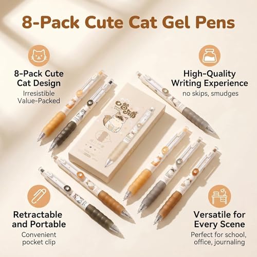 Set de 8 bolígrafos retráctiles de gel diseño gato 0.5mm tinta negra miniatura 3