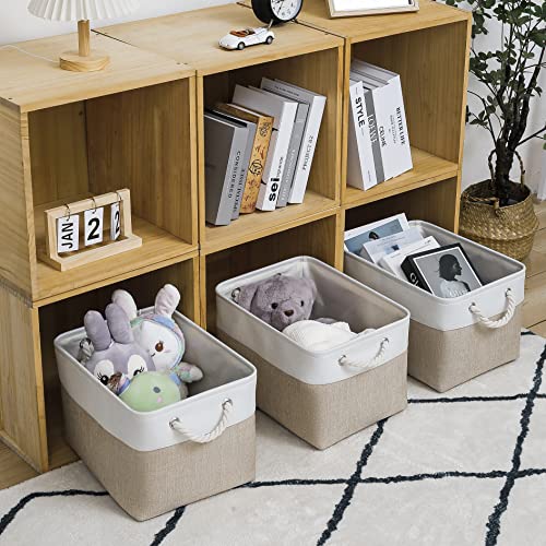 Storage Bins For Organizing (3 Pack), Large Fabric Storage Baskets For Shelves With Ropes, Foldable Storage Cubes For Home, Office,Closet, Clothes, Toys Organizer(White & Beige 15X11X9.5 Inch) #TOP1
