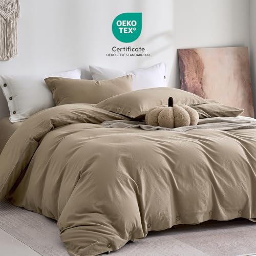 Image of JELLYMONI 100% Washed Cotton Duvet Cover Queen - Soft, Breathable Linen-Look Bedding with Natural Wrinkle Texture, Button Closure, 3-Piece Set (Dusty Khaki, 90 inchx90 inch)