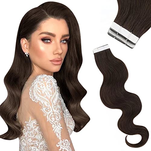 Sunny Darkest Brown Tape In Hair Extensions Human Hair Tape In Body Wave Hair Extensions Brown Invisible Remy Human Hair Tape in Extensions Skin Weft Glue in Hair Extensions 20Pcs 16inch 50g