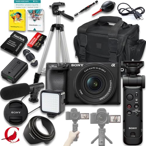 Sony a6400 Mirrorless Camera with 16-50mm f/3.5-5.6 II Lens + Sony GP-VPT3 Wireless Shooting Grip + 128 GB Memory Card + LED Light + Microphone + More (21pc Bundle)