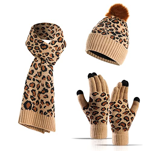 scarf, hat and gloves set classic leopard pattern Winter warm gift set warm wool hat and velvet scarf, touch screen gloves, three in one Cover