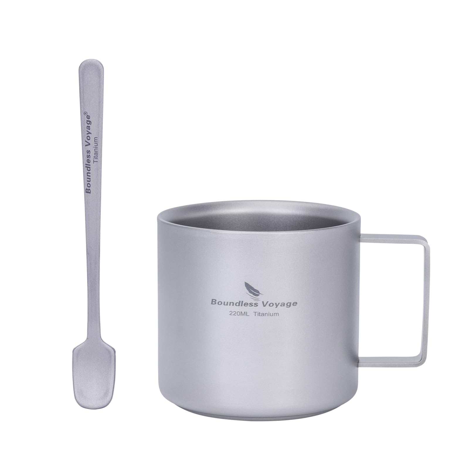 iBasingo 220ml Titanium Coffee Cup with Stirring Spoon Double Wall Mug for Espresso, Tea Camping & Travel Durable Lightweight Portable Drinkware Ti3052D+Ti1134T