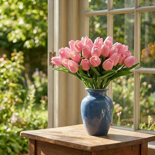 Image of 20Pcs Stems 13.5 Inch Medium Pink PU Artificial Moisturizing Tulips, Faux Tulips Flowers for Thanksgiving Christmas Decorations Wedding Home Table Vase Floral Arrangements