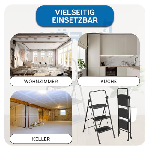 kör4u Trittleiter 3 Stufen – bis 150 kg belastbar, klappbar & platzsparend, stabile Haushaltsleiter, rutschfeste Stufen, Stahlrahmen, schwarz – Bild 3