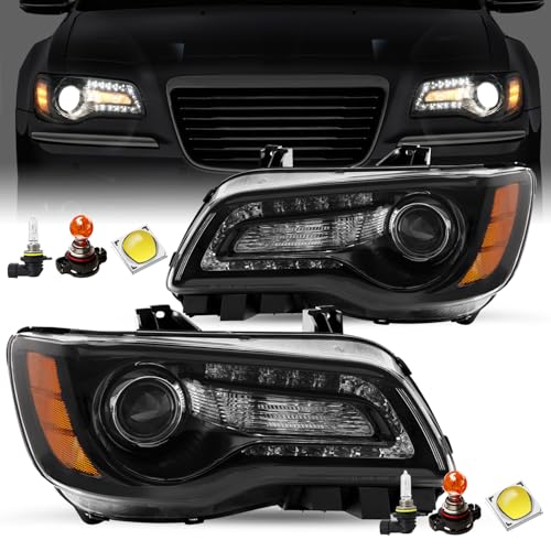 JSBOYAT Headlight Assembly Fits for 2011-2023 Chrysler 300 Halogen Model OE Headlamp w/LED DRL Projector (Black Housing with Amber Reflector)