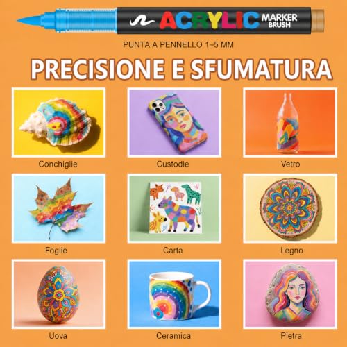 Quinta immagine Melifluo Pennarelli Acrilici a Punta a Pennello, Set 72 Marker Acrilici Impermeabili a Base d'Acqua per Sassi Vetro Ceramica Legno e Tessuto, Colori Acrilici Asciugatura Rapida per Adulti e Fai-da-Te