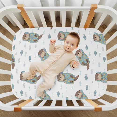 Image of Otter Fish Flowers White Fitted Crib Sheet for Boys Girls Baby Pack n Play Sheets Fitted for Toddler Girl Boy,52 X 28 in