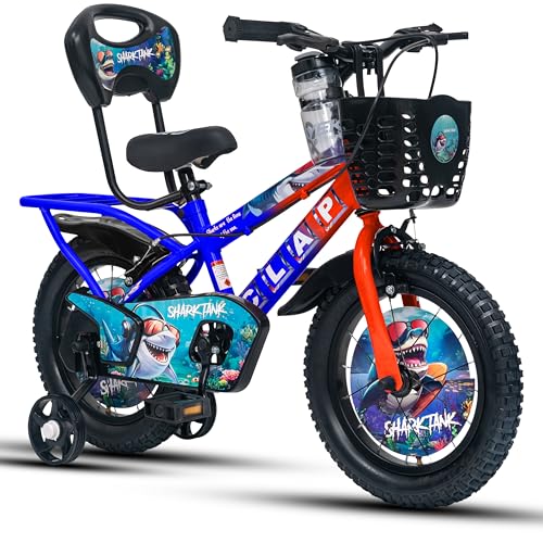 Image of Shark Tank 14T Kids Bicycle for Boys & Girls with Inbuilt Carrier, Front Basket, PU Soft Seat, Full Chain Cover & Stylish Wheelcards (Orange /Blue)