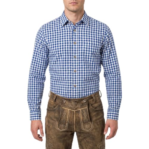 Mens Bavarian Trachten Shirt Traditional Blue and White Checkered Button Dress Shirts for Oktoberfest and Lederhosen (Large)