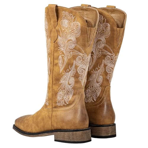 SheSole Women's Extra Wide Calf Cowboy Boots – Square Toe with Hidden Stretch Panel, Cushioned Latex Footbed & Comfort for Wider Calves3