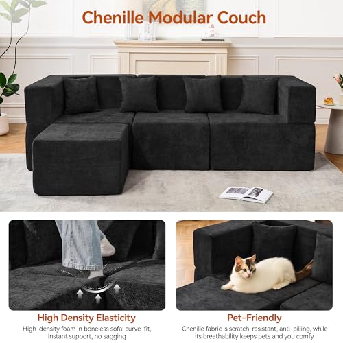 Image of MONVANE 103'' Modular Sectional Sofa, Comfy Chenille Cloud Couch with Ottoman, Modern Convertible L Shaped Couch with Deep Seat, Sectional Couches for Living Room, Bedroom and Apartment, Black