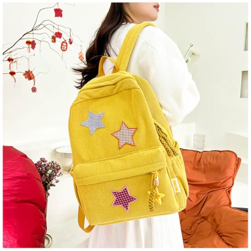 Stars Star Patch Backpack with Chic Case for Women Korean Corduroy Large Capacity Bag Daypack for Travel Sport (Khaki,Large)3