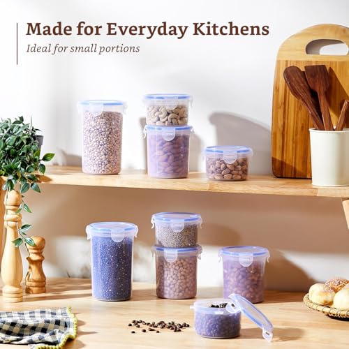 Image of Amazon Brand - Solimo Round Plastic Storage Jar & Container Set | Airtight Lid | BPA-Free Plastic | Microwave, Freezer & Dishwasher Safe | Kitchen Storage | 370ml, 650ml & 950ml | Set of 9