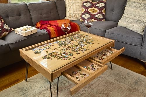 Treeline Designs Rustic Puzzle Coffee Table with Removable Glass top - Includes 2 Hidden Drawers - 24x36. 100% Made in The USA