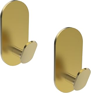 Adhesive Towel Hooks for Bathrooms 2 Pack Brushed Gold Stainless Steel and Zinc Alloy Sticky Wall Hooks for Hanging Heavy Duty Self Adhesive Robe Shower Hanger for Kitchen, Closet, Cabinet, Door