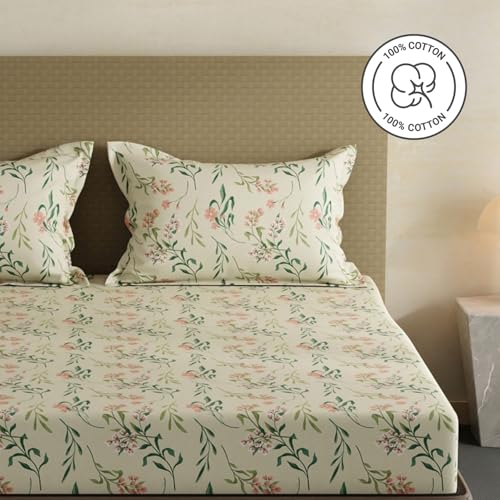 Image of Layers 100% Cotton Bedsheet for King Size Bed | Lumina Floret Collection | 144 TC Soft & Breathable | Floral Print with 2 Pillow Covers | Wrinkle Free & Colorfast | 3 Piece Bedding Set - Cream & Green