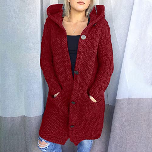 Women's Cable Knit Long Hooded Cardigan Chunky Button Down Open Front Sweater Cardigan with Hood Pockets3