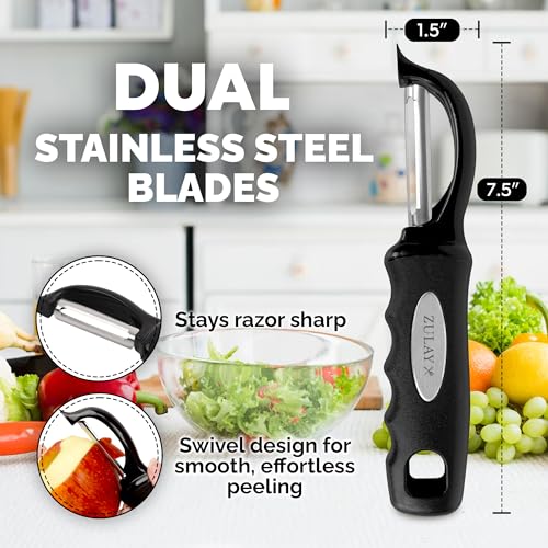 Zulay-Kitchen-Premium-Vegetable-Peeler-for-Kitchen-Swivel-Peeler-with-Razor-Sharp-Stainless-Steel-Blades-Strong-Ergonomic-Handle-Dishwasher-Safe-Easy-To-Use-with-Blemish-Remover-Black
