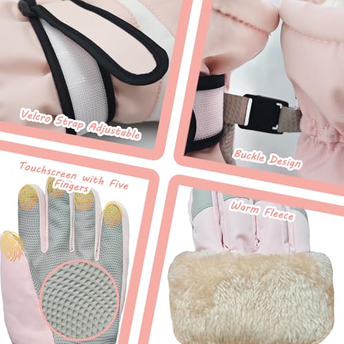 lifwimner Handschuhe Kinder Winter, Skihandschuhe für Jungen Mädchen wasserdichte Winddichte Winterhandschuhe für Snowboard Skifahren Outdoor Sports(Rosa, S)