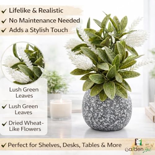 Image of Garden Art Artificial Protea Flower Arrangement Placed in a Small Decorative doted Pot. The Spiky, Cone-Shaped Bloom and Textured Petals are Typical of Protea Flowers (P-0235White)