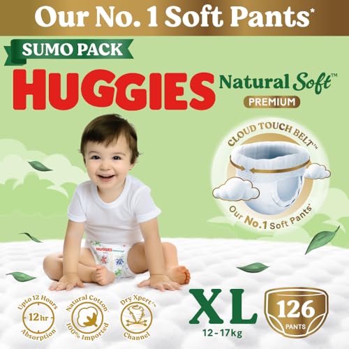 Image of Huggies Natural Soft Premium Baby Diaper Pants, Our No.1 Soft Pants, Extra Large (XL) Size (12-17 Kgs), Sumo Pack of 126 diapers | Cloud Softness All over with India's 1st Cloud Touch BeltTM