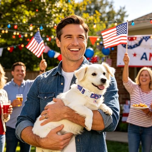 Image of American Flag Dog Collar, 4th of July Cotton Patriotic Pet Collar, Adjustable Durable Quick Release Buckle with Charm for Small Medium Large Dogs