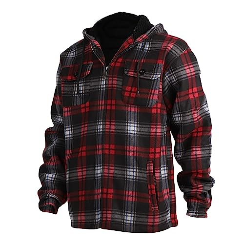 Image of TanBridge Men's Cotton Plaid Shirts Jacket Full Zip Fleece Flannel Sherpa Lined Hoodies Heavyweight Hoodies Jacket for Men