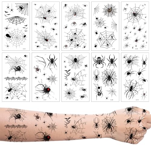 10 folhas de tatuagens de rosto de Halloween, tatuagens de Halloween, tatuagens infantis, aranha, autocolantes para mulher, bruxa para maquilhagem, tatuagens faciais de bruxas, fantasia de maquilhagem