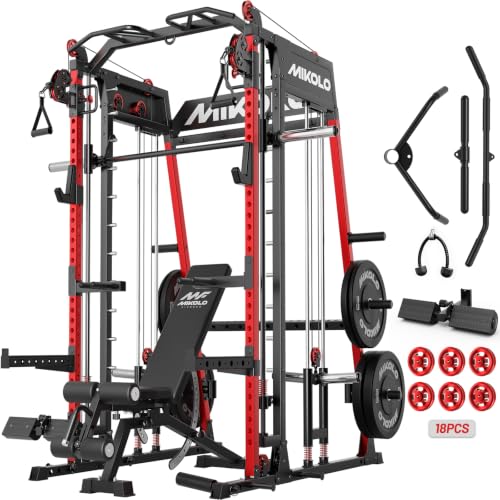 Image of Mikolo M4 2.0 Smith Machine, 2200lbs Squat Rack with LAT-Pull Down System & Cable Crossover Machine, Training Equipment with Leg Hold-Down Attachment