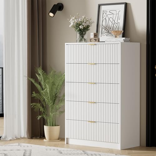 Image of Furniway White Dresser for Bedroom, Modern Dresser with 5 Drawers and Smooth Slides, Wide Chest of Drawers with Golden Handles for Bedroom, Living Room, Closet, 15.7 inch D x 31.5 inch W x 47.2 inch H