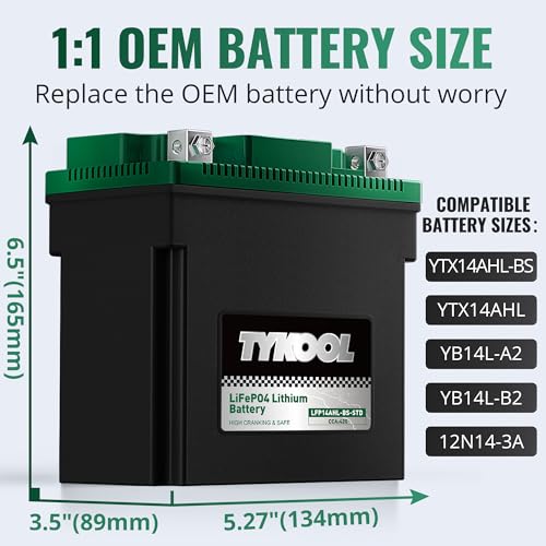 Image of TYKOOL LFP14AHL-BS-STD Lithium Battery, Replaces YTX14AHL-BS, 420CCA 7Ah Fits for Motorcycle ATV Scooter, Compatible with Kawasaki KLR650 Suzuki Boulevard S40 Royal Enfield, Digital Readout [- +]