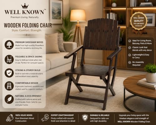 Image of WELL KNOWN Wooden Folding Chair | Portable Foldable Armchair for Balcony, Patio, Living & Drawing Room | Sheesham Wood, Honey Finish (Walnut)