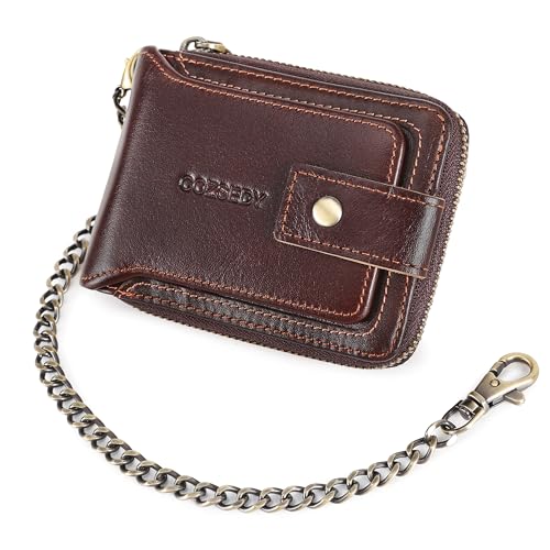 Chain Wallets For Men RFID Blocking Leather Mens Wallet With Zipper, Flap ID Window Zip Coin Pocket Bifold Card Wallets Big Capacity For Travel (Coffee)3