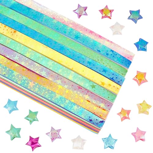 SUNNYCLUE 900Pcs 10 Colors Origami Star Paper Folding Stars Lucky Colorful Glitter Shimmer Rectangle Decoration Origamis Strip for Thanksgiving Christmas Arts DIY Handmade School Teaching Supplies
