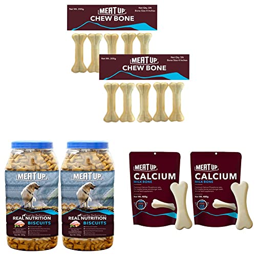 Image of Meat Up Pressed Chew Bones & Calcium Bone Pouch - Pack of 5 (4 inches) & 25 Pieces (230g) - Dog Treats With Real Chicken Biscuit Flavor - 500g Jar