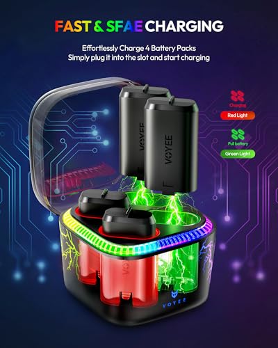 Image of VOYEE Xbox Controller Battery Pack with 7-Color LED Lights, 4x4070mWh Rechargeable Battery, 4-Slot Fast Charger for Xbox One /S /X /Elite /Series X|S, Over Current /Voltage /Short Circut-Black