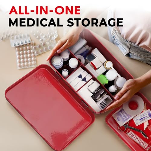 Image of Plexon 8.5 inch Metal First Aid Box Empty, Medicine Storage Bin with Lid, Emergency Supplies Organizer, Portable First Aid Kit Case, Red