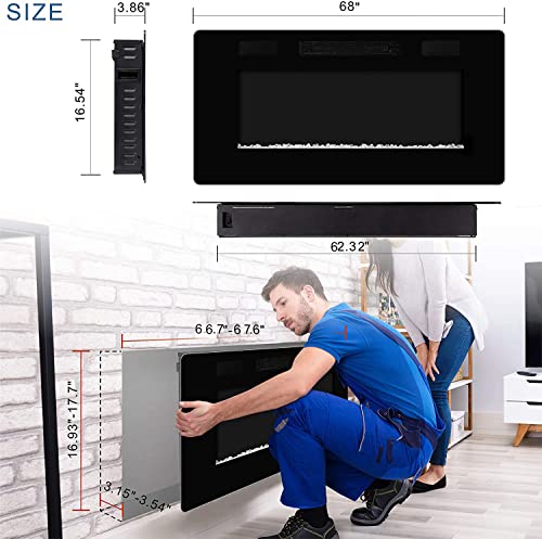 Image of 68 inch Electric Fireplace Recessed and Wall Mounted Insert