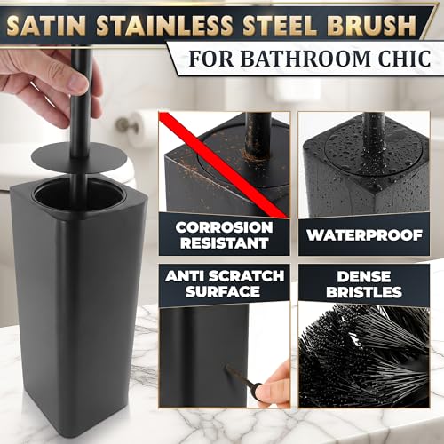 Image of Black Toilet Brush and Holder Set - Slim Matte Design that Fits Anywhere - Stainless Steel Toilet Bowl Brush and Holder with 2 Rounded Corners, Replaceable Head, Removable Inner Bowl & Splash Guard