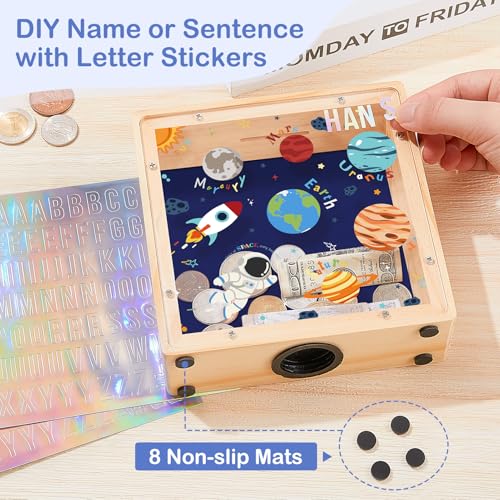 Image of ICOSY Piggy Bank for Kids, Wooden Framed Coin Bank | Personalized Money Box for Kids with DIY Name Alphabet Stickers and Clear Acrylic Window for Money Saving