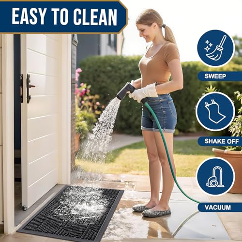 Smiry Front Door Mat Outside Entrance, Heavy Duty Sturdy Natural Rubber Doormat, Trap Dirt and Moisture, Easy Clean Low Profile Welcome Floor Mats for Indoor Outdoor Entry, 47x24 Inch, Black