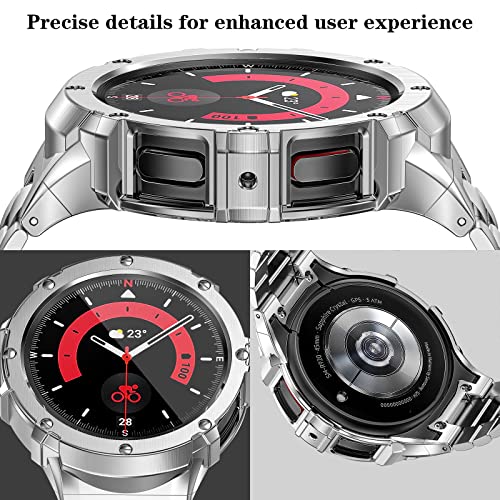 SUPLINK Stainless Steel Case and Bands Compatible Samsung Galaxy Watch 5 Pro Bands 45mm, Solid Metal Protective Rugged Case Adjustable Band for Samsung Watch 5 pro Men Business, Silver
