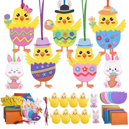 Kuvarix 12 Pcs Bricolage Paques Enfant, Poussins Lapin de Décorations de Pâques, Bricolage de Paques DIY Activité, EVA Kit Bricolage Enfant a Suspendre...