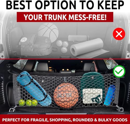 mobumeia Gepäcknetz Auto, Kofferraumnetz 110 x 40cm Mit 4 Karabinern Und 4 ABS Kunststoffschnallen, Super Elastisch Für Die Meisten Autos