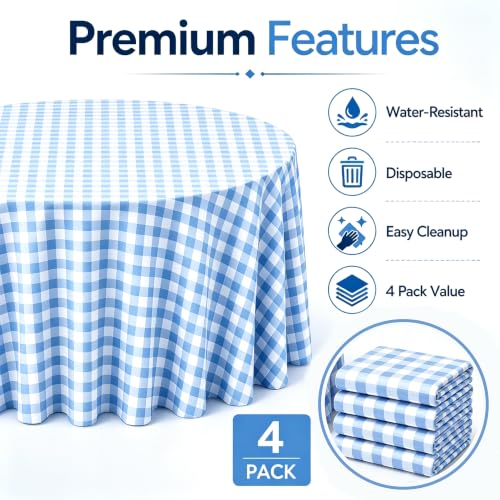 Image of WNINK 4 Pack Blue Gingham Round Tablecloth, 84 Inch Disposable Plastic Table Covers, Blue Checkered Round Table Cover for Birthday Parties, Holiday, Picnic, BBQ, Family Gathering Party Supplies