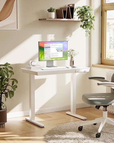 Image of Marsail Glass Standing Desk with Drawer, 35 x 20 inch Electric Standing Desk, Height Adjustable Desk with One-Piece Tabletop & USB Charging Ports, Sit Stand Desk with Storage for Home & Office White