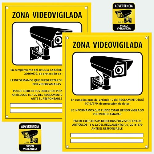 ITALMI® Set 2 Cartel Videovigilancia de PVC + 2 Adhesivo | Placa zona videovigilada 20x15 cm + adhesivos pequeños para añadir una seguridad extra. (2)
